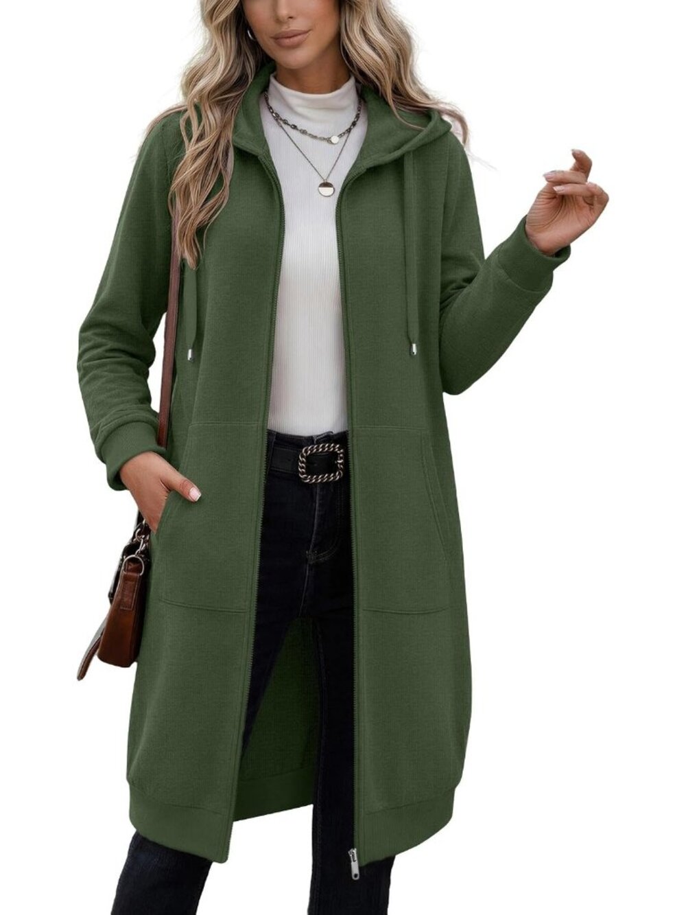 Women's Army Green Longline Fleece Zip Hoodie Oversized Duster Jacket Pockets